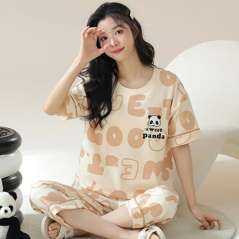 New Summer Pajamas Homewear Suit Women's Short-Sleeved Long Pants Ladies Large Size Loose Leisure Homewear Two-Piece Set
