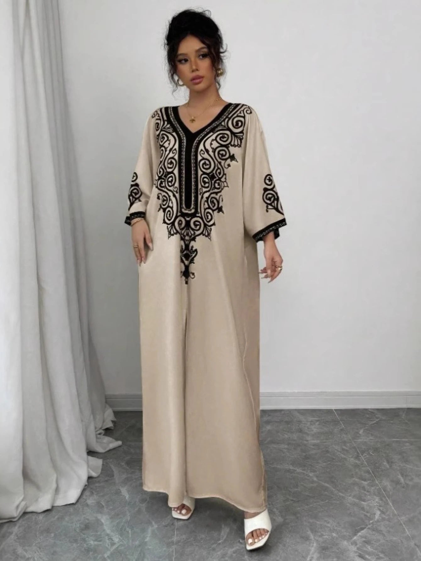 Eid Women Dress Muslim Abaya V Neck Loose Robe Party Jalabiya Ramadan Long Dresses  Vestidos Largos Kaftan Arab Morocco Kaftan