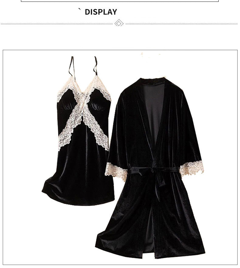 Pajama Set Woman Thick Flannel Velvet Female Fall Sexy Lace Long-sleeved Suit With Corset Pads Sling Nightgown Robe Homewear