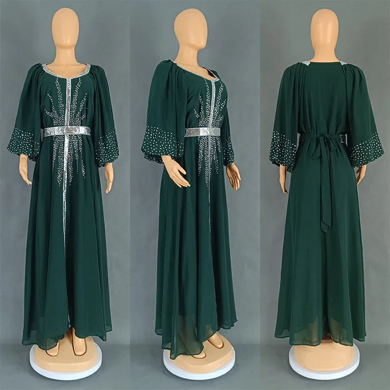 New 2025 Chiffon Diamonds Abayas for Women Luxury Dubai Abaya Turkey Kaftan Muslim Dress Djellaba Jalabiya Caftan Marocain Femme