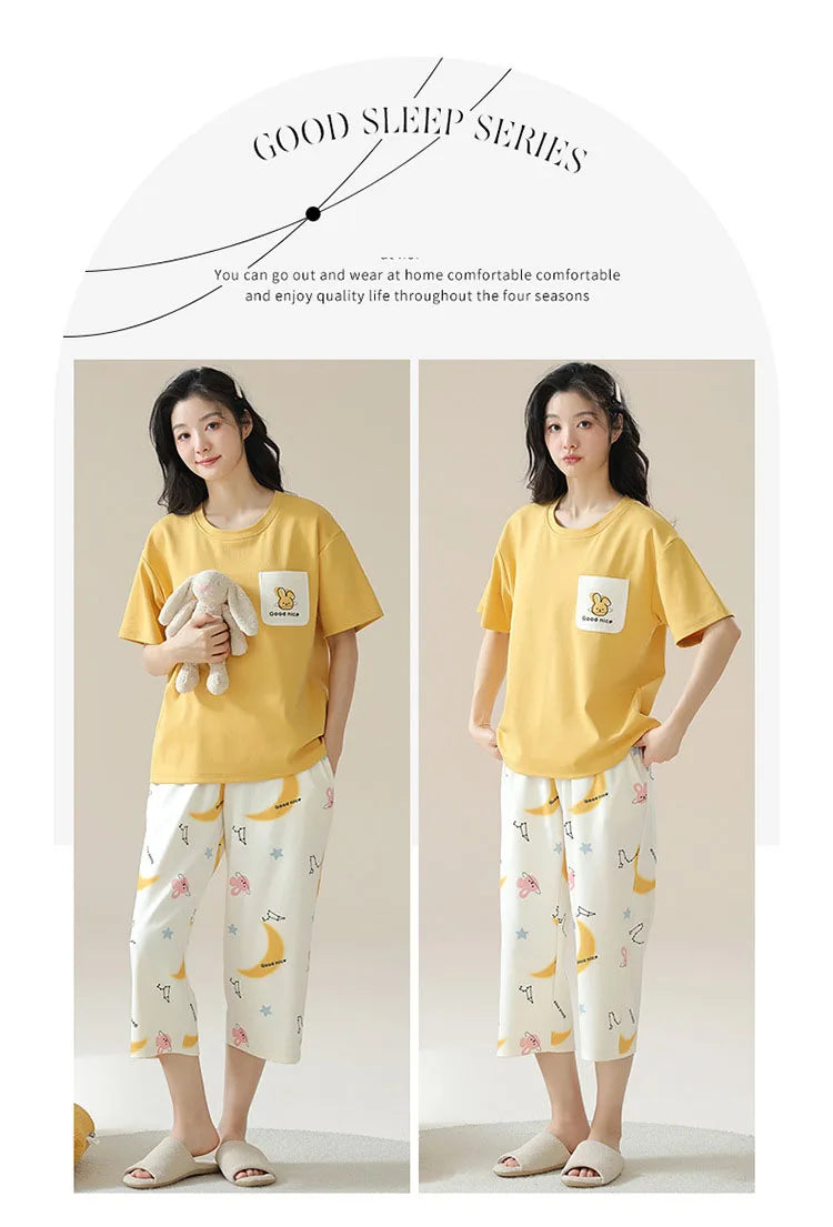 New Summer Pajamas Homewear Suit Women's Short-Sleeved Long Pants Ladies Large Size Loose Leisure Homewear Two-Piece Set