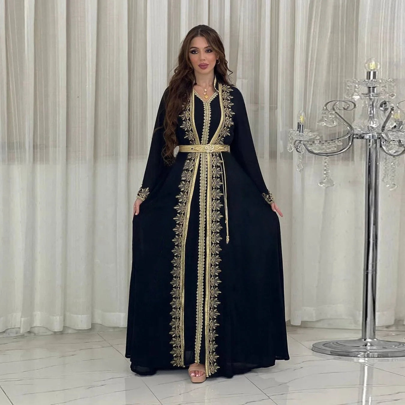 Dress Suit Women Eid Muslim Abaya Party Dresses 2 Piece Sets Embroidery Sashes Ramadan Dubai Kaftan Vestidos Jalabiya Long Robe