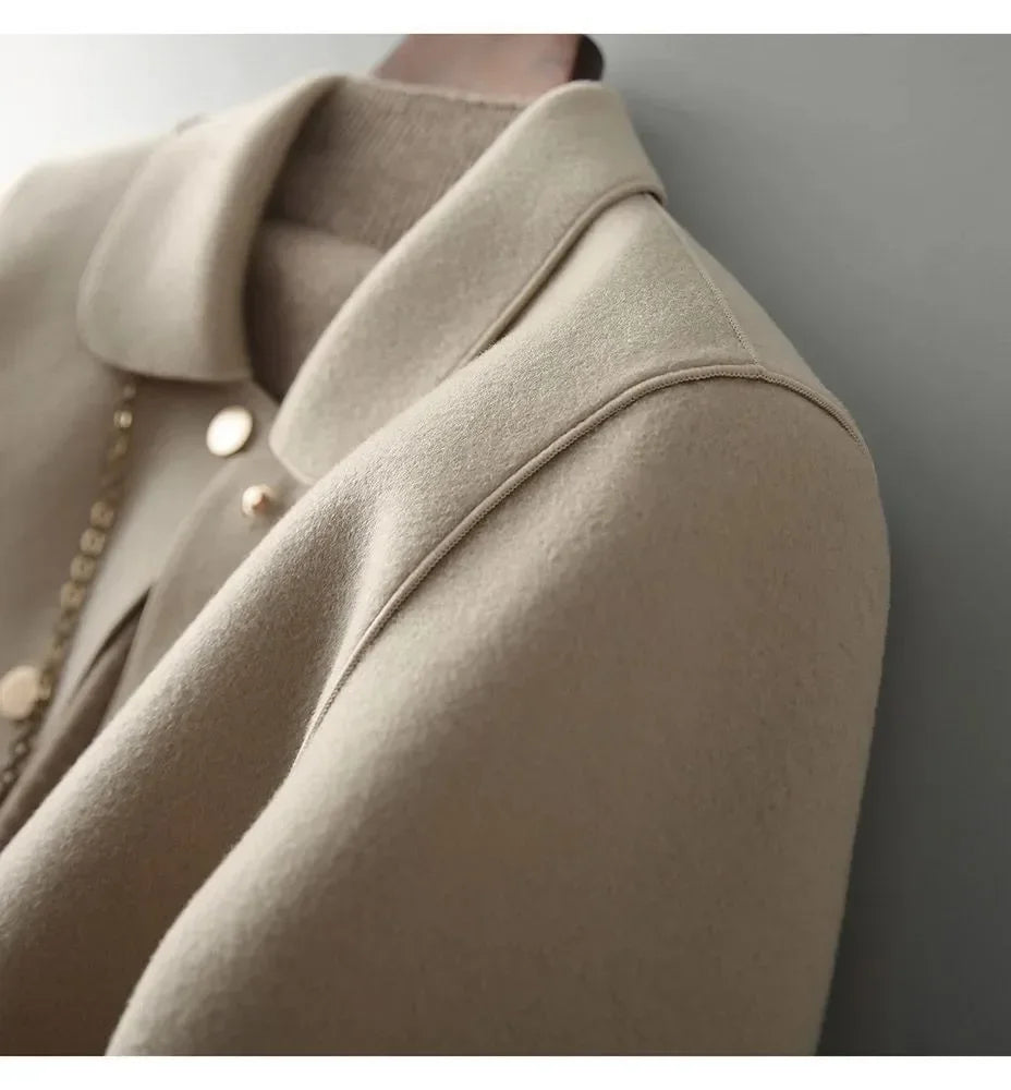 Double-Sided Woolen Short Coat Women's Suiting Jacket Autumn Winter New Style Turn-down Collar New Top Polyester Fiber