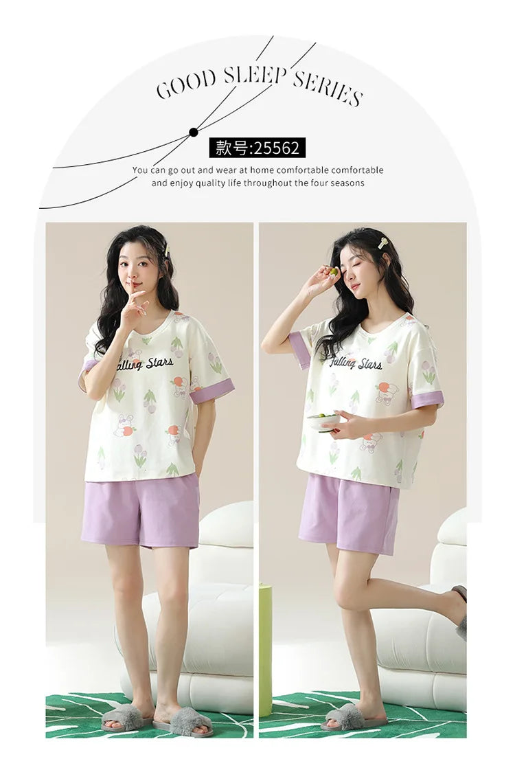 Female Summer Pijamas Short Women Cotton Pajamas Sleeve Shorts Nightwear Sweet Sleepwear Cartoon Pyjamas Woman Home Suit