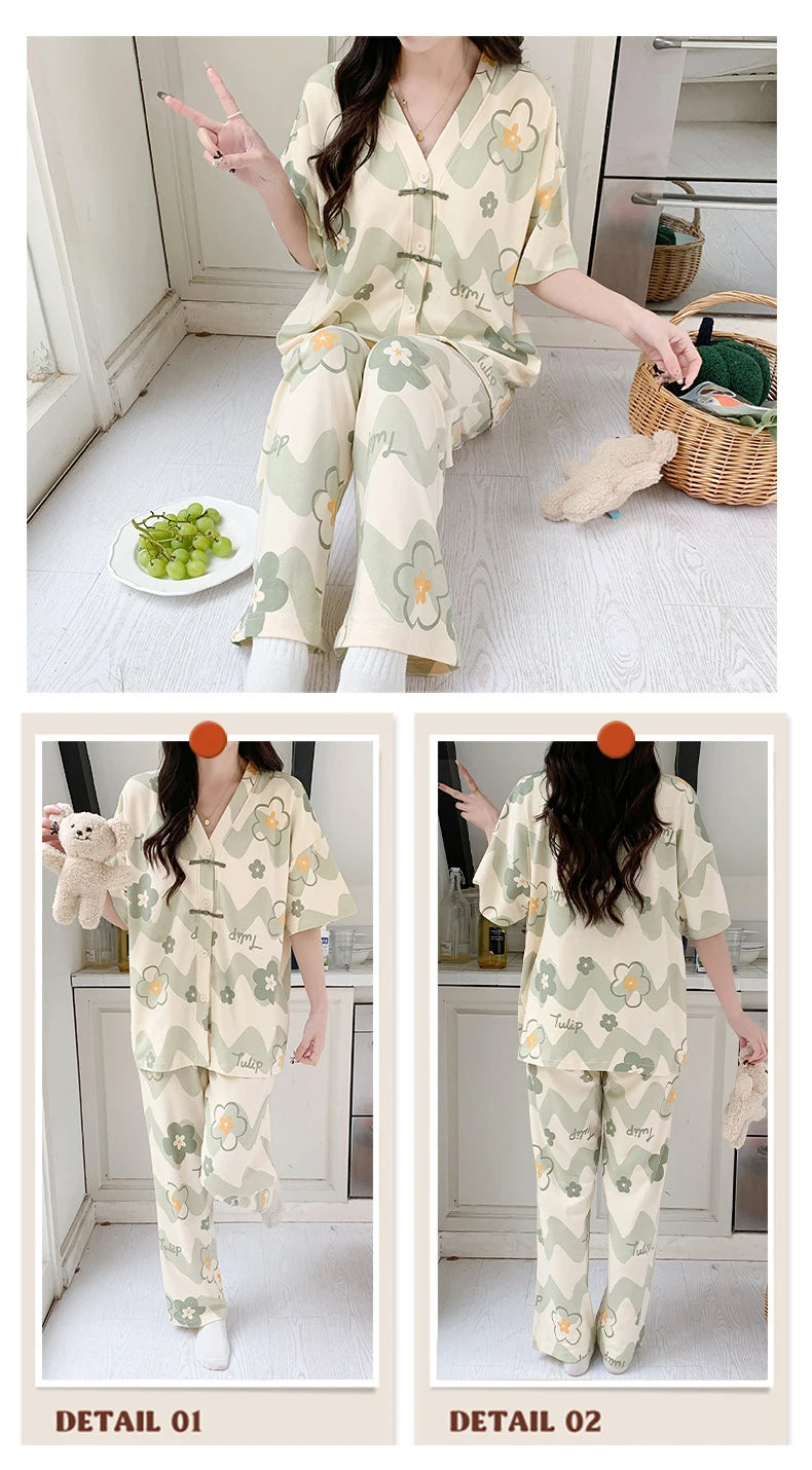 Summer Thin Short-sleeved Cotton Women's Pajama Set Nightwear Long Pants Womens Pajama Sets Sleepwear Lounge Home Fashion