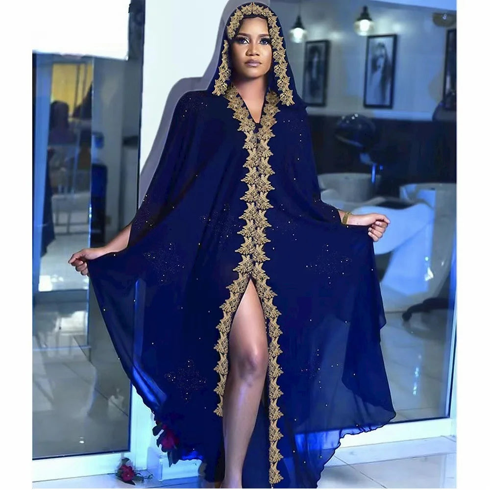 Abaya New Fashion American European Women's Black Blue Loose Hooded Long Sleeve Ankle Length Embroideried Diamond Studded Dress