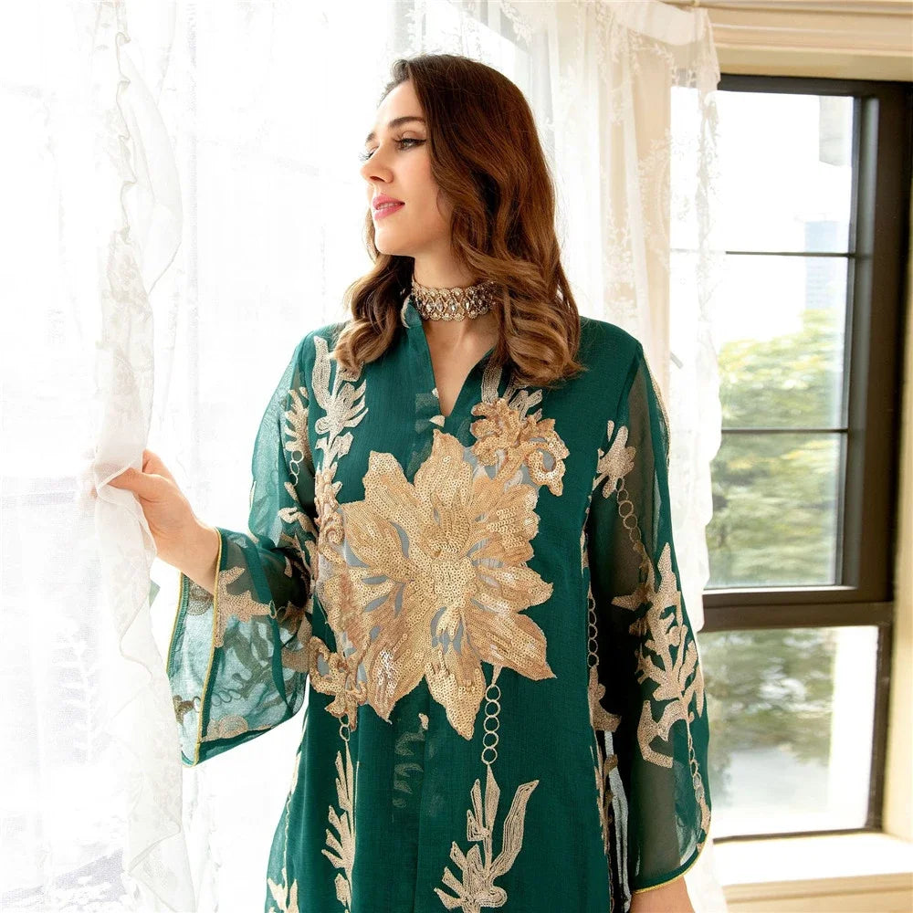 Muslim Abaya Dress Dubai Ramadan Sequins Floral Embroidered Moroccan Caftan Women Evening Gown Eid Djellaba Jalabiya Vestidos