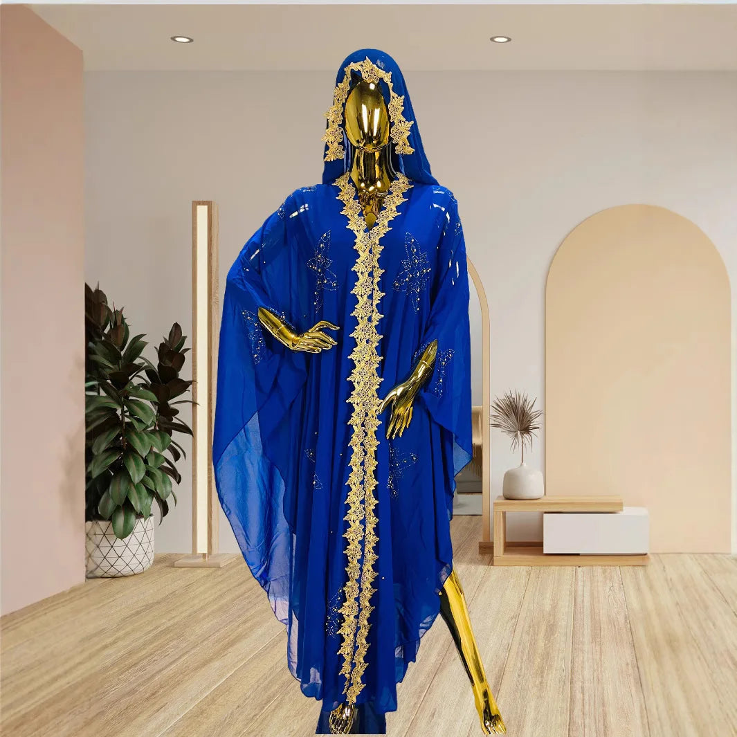 Abaya New Fashion American European Women's Black Blue Loose Hooded Long Sleeve Ankle Length Embroideried Diamond Studded Dress