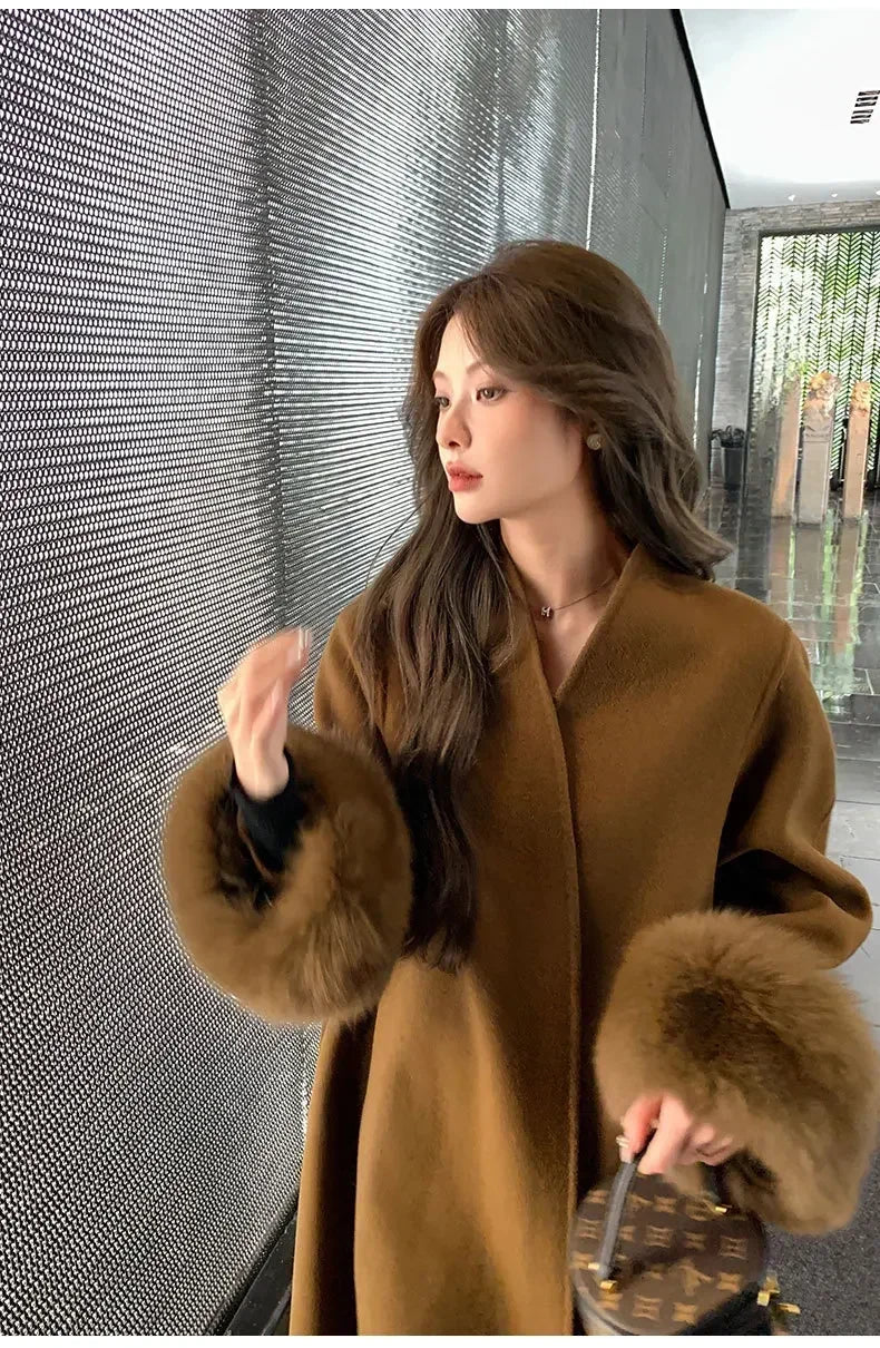 Elegant Warm Woolen Coats Real Fur Jacket with Belt Loose Fashion Outerwears 2024 Women Big Fur Collar Overcoats Female