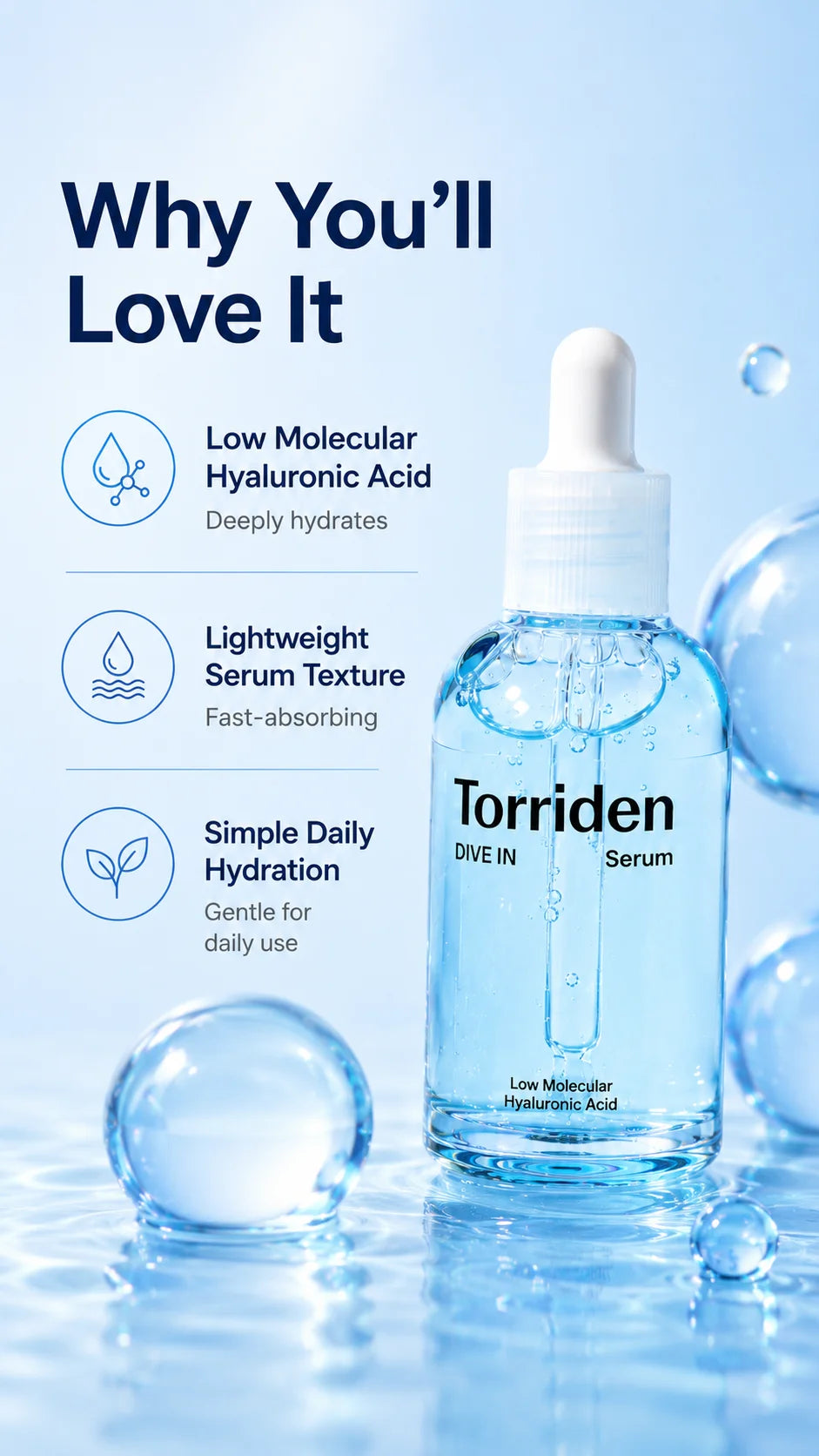 Torriden DIVE-IN Low-Molecular Hyaluronic Acid Serum 50ml,Featherlight,Moisture Retention Aid,Korean Skincare,for Korean Makeup