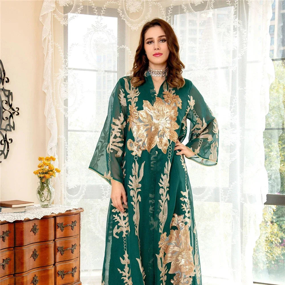 Muslim Abaya Dress Dubai Ramadan Sequins Floral Embroidered Moroccan Caftan Women Evening Gown Eid Djellaba Jalabiya Vestidos