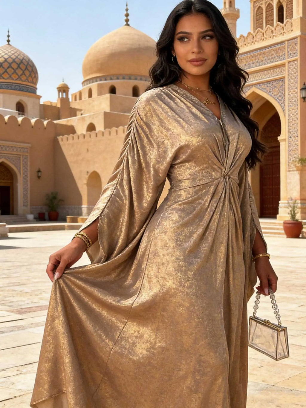 Elegant Golden Shiny Fabric V-Neck Twist Detail Batwing Sleeve Abaya Maxi Dress Women Muslim Moroccan Kaftan Ramadan Jalabiya