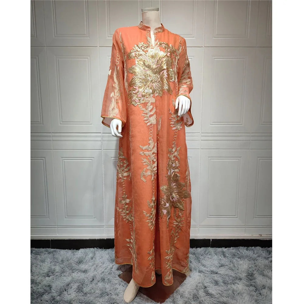 Muslim Abaya Dress Dubai Ramadan Sequins Floral Embroidered Moroccan Caftan Women Evening Gown Eid Djellaba Jalabiya Vestidos