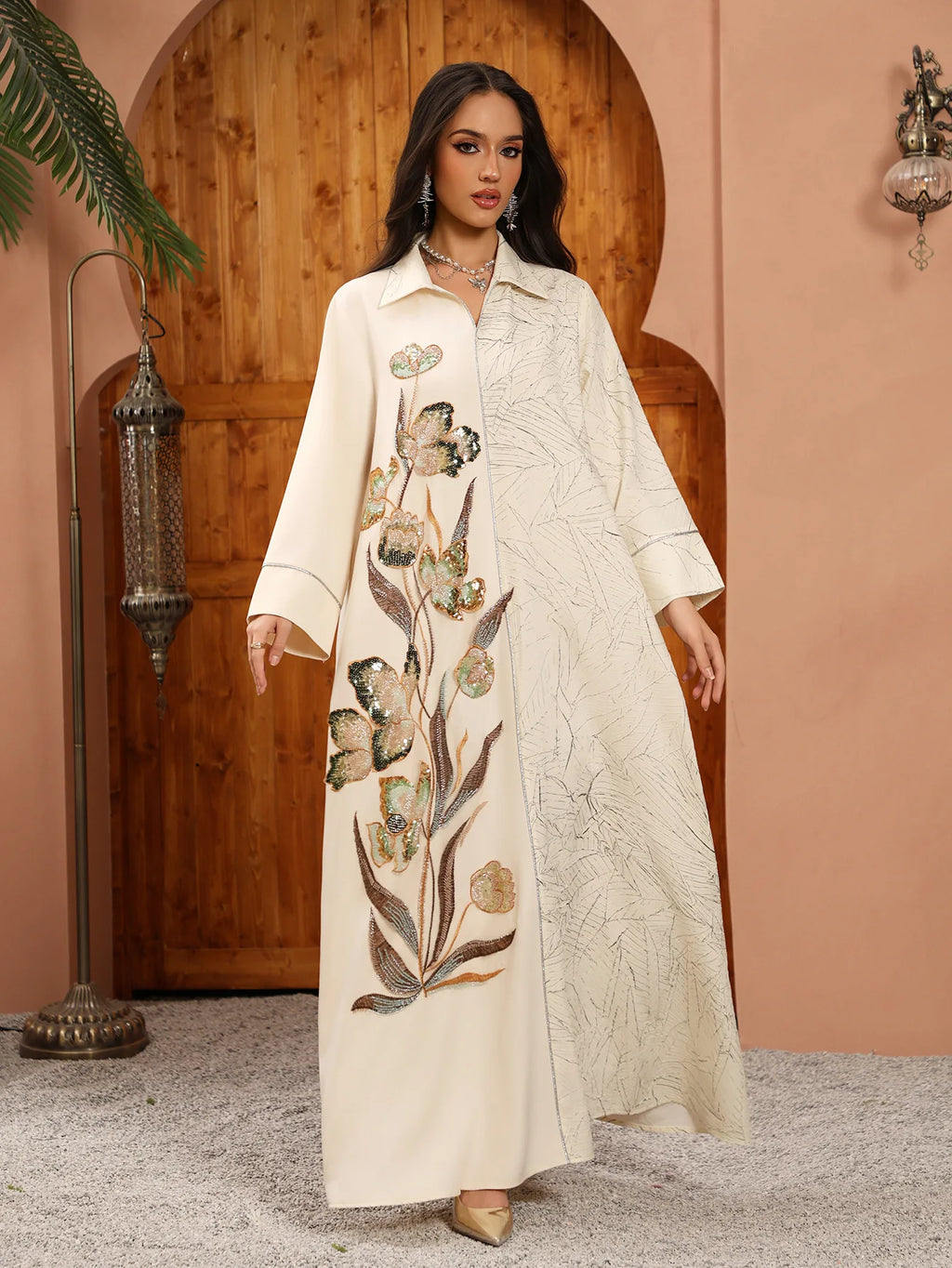 Eid Abaya Party Dress Women Lapel Shirt Dresses Sequins Embroidery Office Lady Muslim Jalabiya Ramadan Vestidos Largos Robe