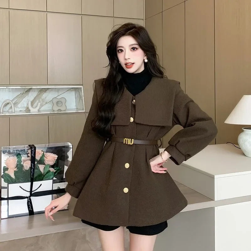 2024 Early Spring New Slimming Fashion Women's Petite Medium-Length Jacket Elegant Navy Neck Slim Fit Wool Blend Coat