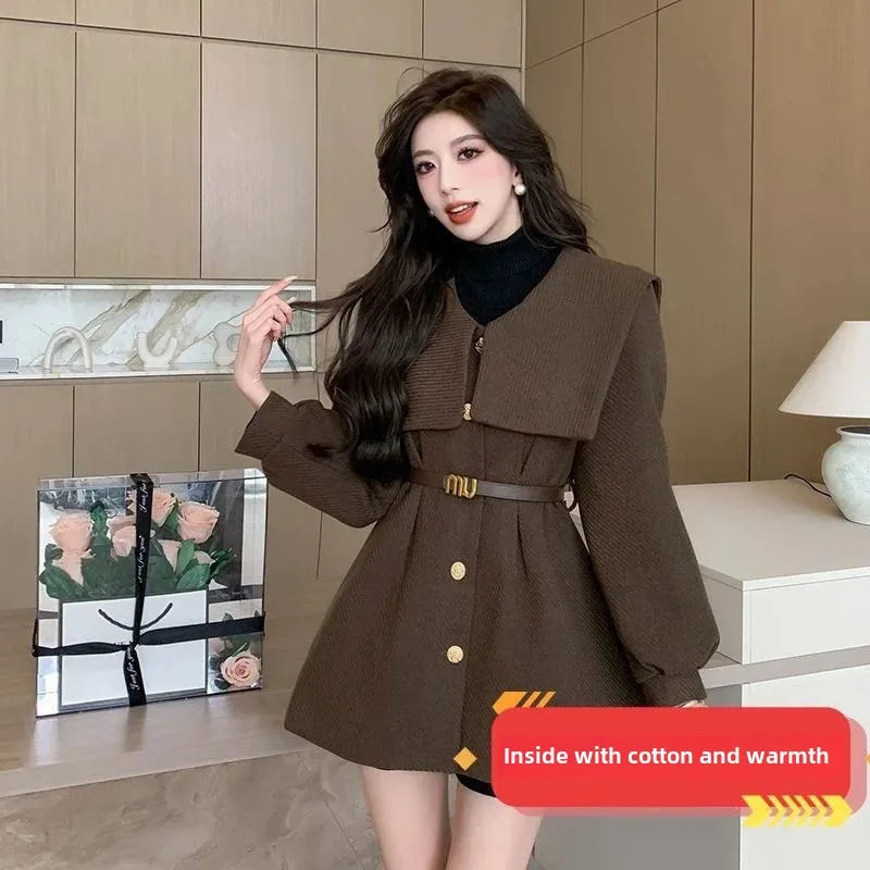 2024 Early Spring New Slimming Fashion Women's Petite Medium-Length Jacket Elegant Navy Neck Slim Fit Wool Blend Coat