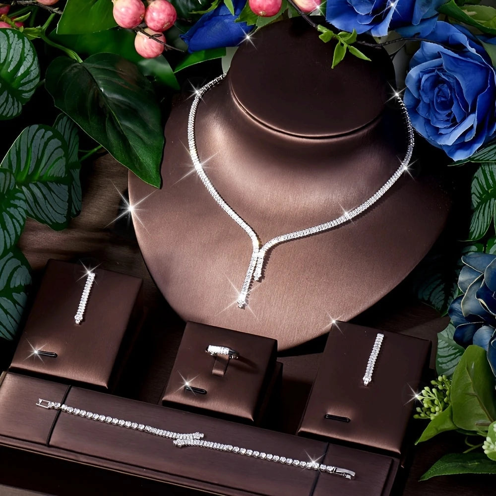 Classic Water Drop Cubic Zirconia Dubia Women Bridal Jewelry Sets 4PCS Necklace Earring Set Bijoux Femme Ensemble S-342