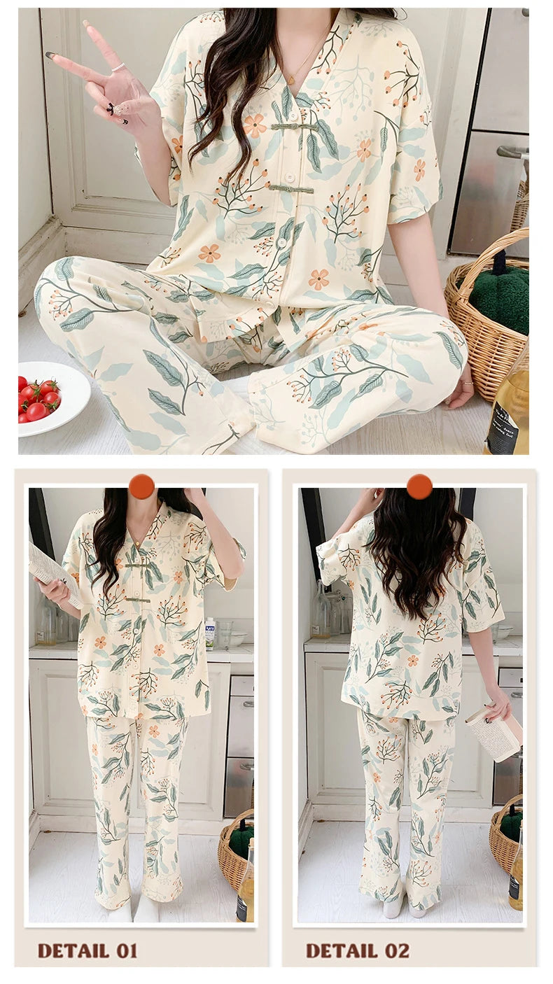 Summer Thin Short-sleeved Cotton Women's Pajama Set Nightwear Long Pants Womens Pajama Sets Sleepwear Lounge Home Fashion