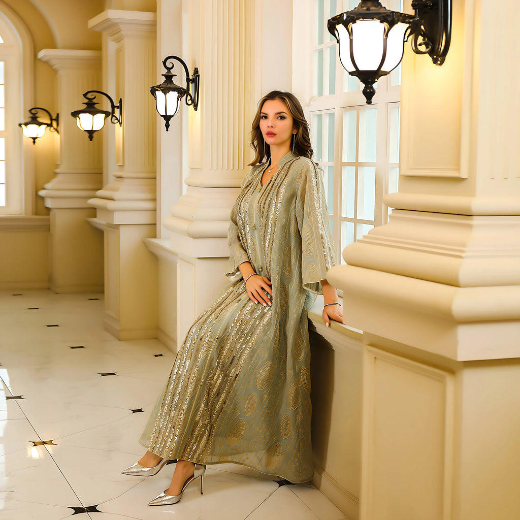 Fashion Muslim Jalabiya Abaya for Women Elegant Long Sleeve Dress Dubai Turkey Loose Sequin Dress Moroccan Islamic Party Clothes