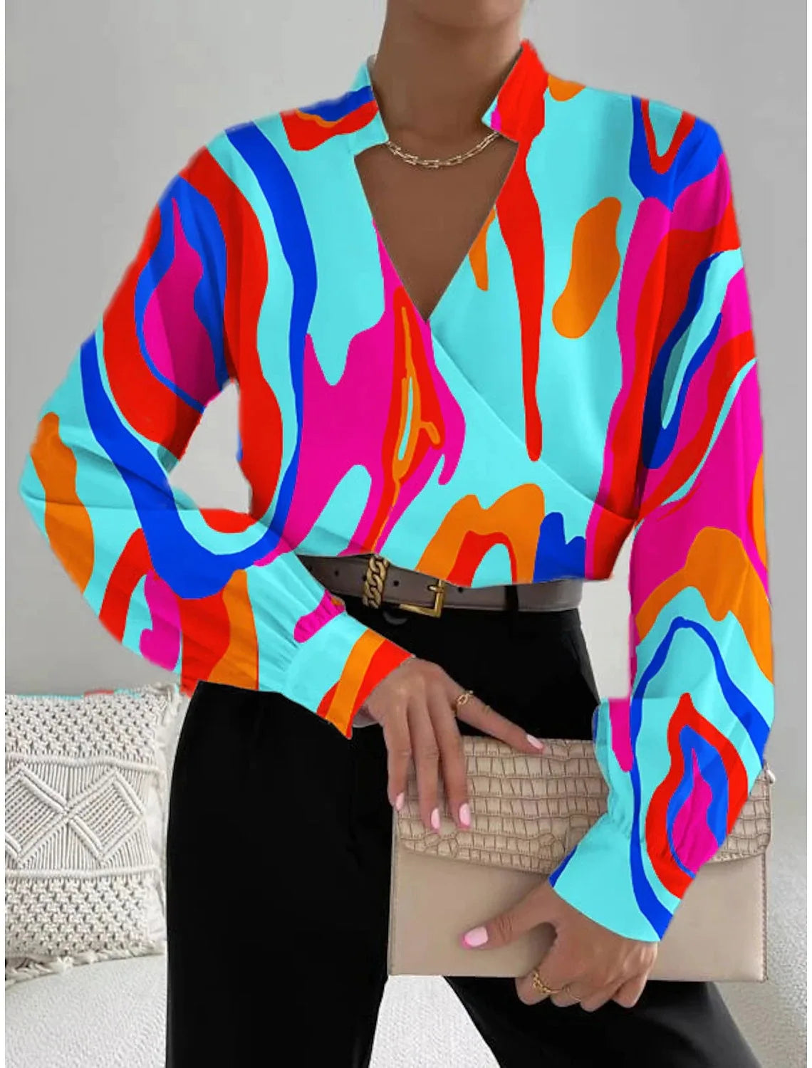 Women's blouse with loose floral print elegant shirt fashion lady of the office collar with V collar long sleeves autumn