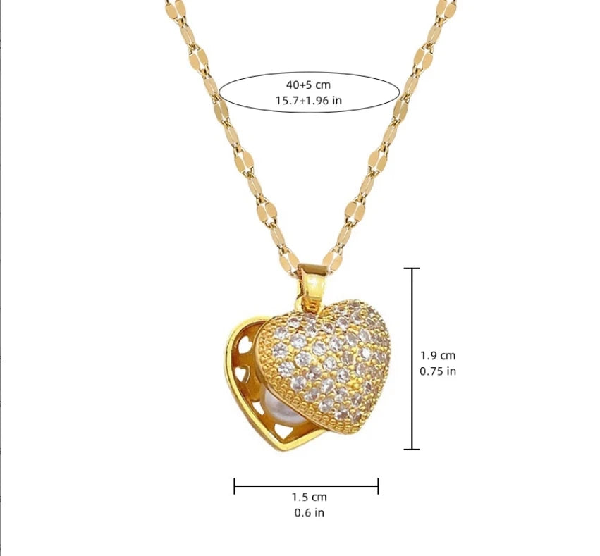 ZAKOL French Shell Pearl Necklace For Women Gold Color Stainless Steel Zircon Love Heart Clavicle Chain Choker Wedding Jewelry