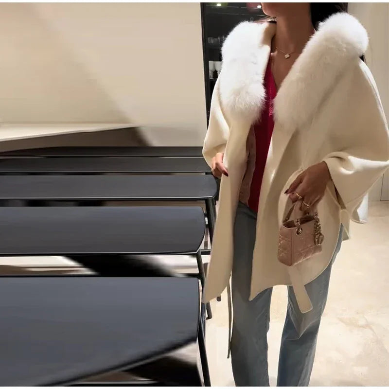 Elegant Fur Shawl Women's Coat Long Sleeve Patchwork Woolen Lace Up V-neck Solid Female Coats 2025 Autumn Winter Lady Jackets