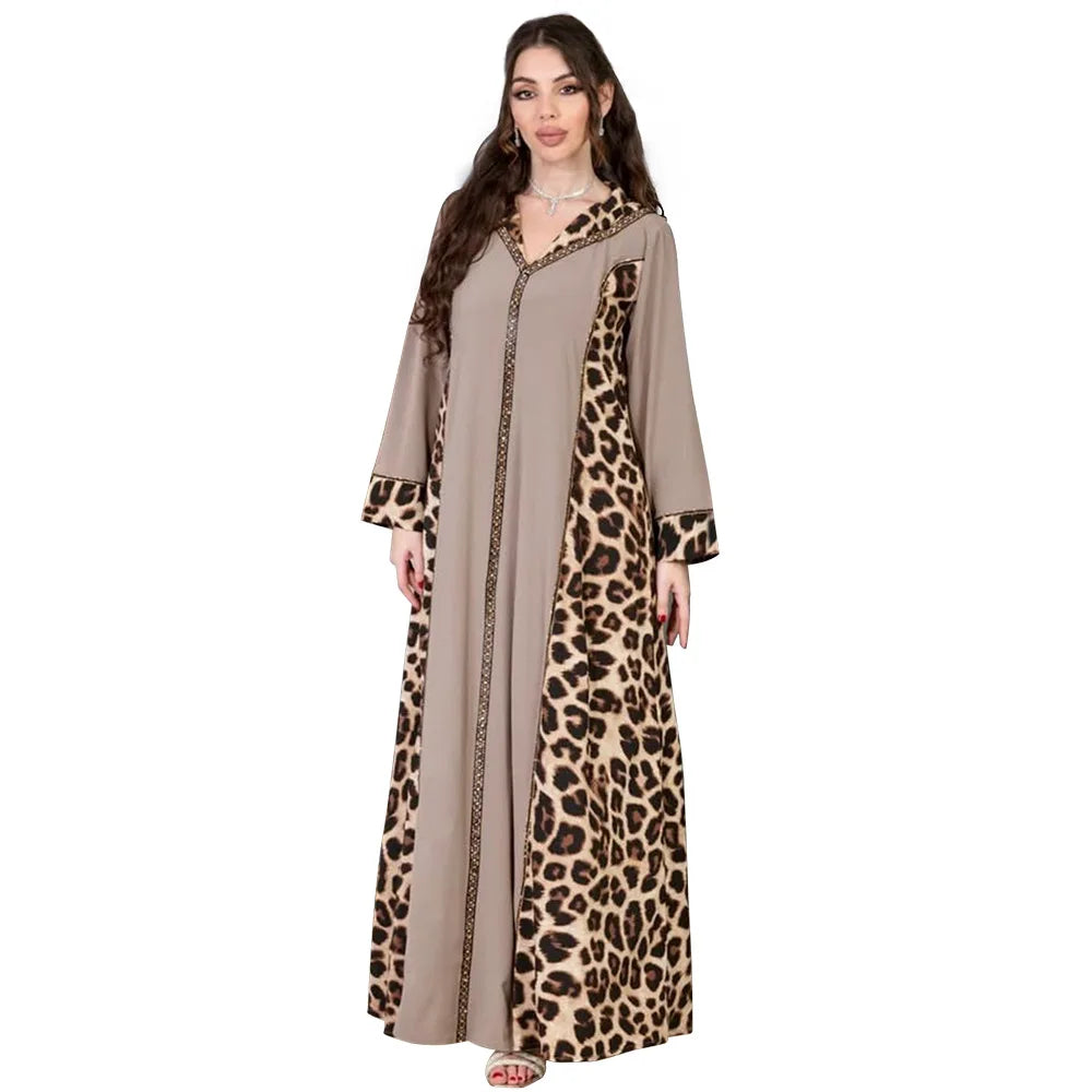 2025 Middle Eastern Dubai Muslim Robe, Saudi Arabian Elegant Women's V-neck Leopard Print Color-block Long-sleeved Dress