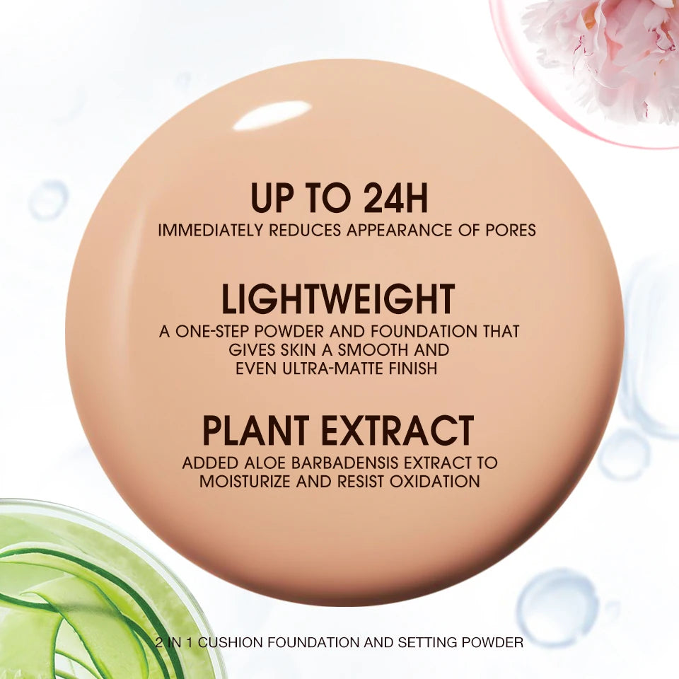 O.TWO.O Air Cushion Cream Face Powder 24h 2 In 1 Long-Lasting Oil-control Matte Soft Focus Concealer Makeup Pressed Powder Cream
