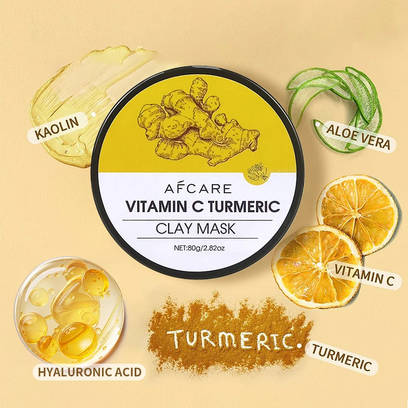 Vitamin C Turmeric Mud Clay Mask Fade Melanin Pigmentation Melasma Dark Spots Dull Skin Refining Pores and Controlling Oil 80g