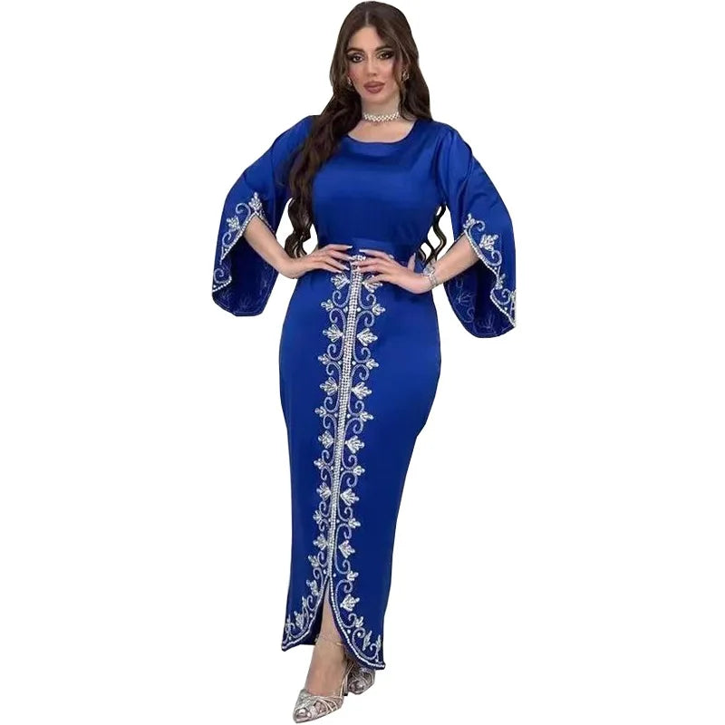 Elegant Satin Evening Gown Muslim Dress Women Abaya Long Sleeve Turkish Dresses Stylish Diamond Women Maxi Dress Dubai Kaftan