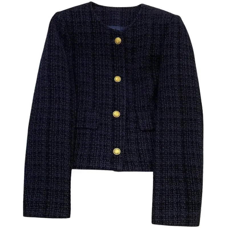 Short Quilted Shoulder Padded Coat for Women Autumn New Style French Lady Elegant Design Retro Top Pure Color round Neck Coat