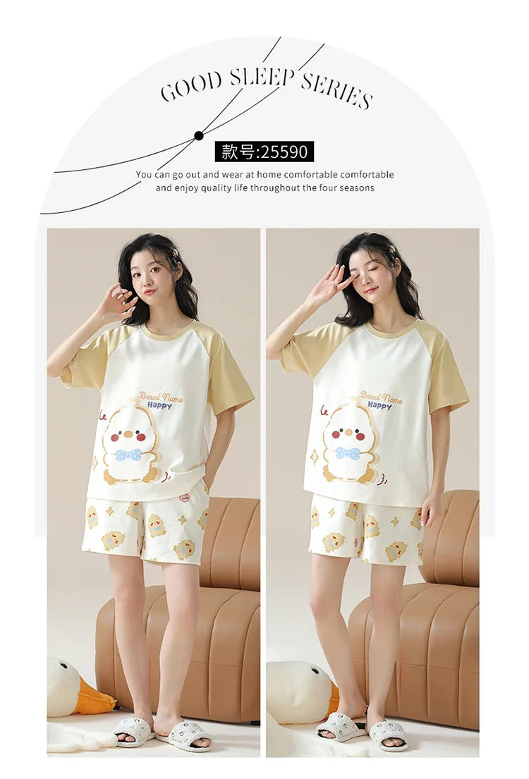 Female Summer Pijamas Short Women Cotton Pajamas Sleeve Shorts Nightwear Sweet Sleepwear Cartoon Pyjamas Woman Home Suit