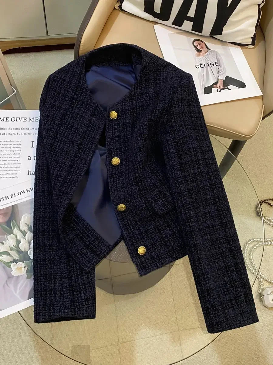Short Quilted Shoulder Padded Coat for Women Autumn New Style French Lady Elegant Design Retro Top Pure Color round Neck Coat