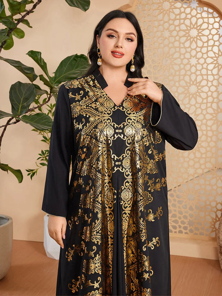 Muslim Arab Female Loose Casual Retro Ethnic Printing Black V-Neck Full Sleeve Clothing Abaya Women Dubai Long Dress Plus Size