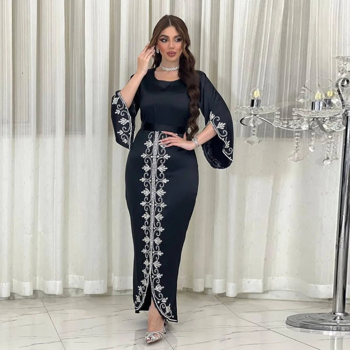 Elegant Satin Evening Gown Muslim Dress Women Abaya Long Sleeve Turkish Dresses Stylish Diamond Women Maxi Dress Dubai Kaftan