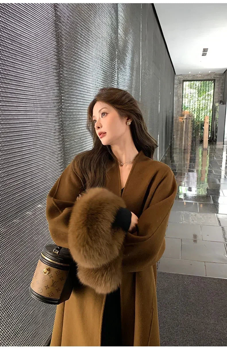 Elegant Warm Woolen Coats Real Fur Jacket with Belt Loose Fashion Outerwears 2024 Women Big Fur Collar Overcoats Female