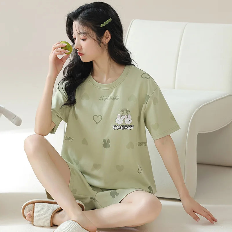 Female Summer Pijamas Short Women Cotton Pajamas Sleeve Shorts Nightwear Sweet Sleepwear Cartoon Pyjamas Woman Home Suit