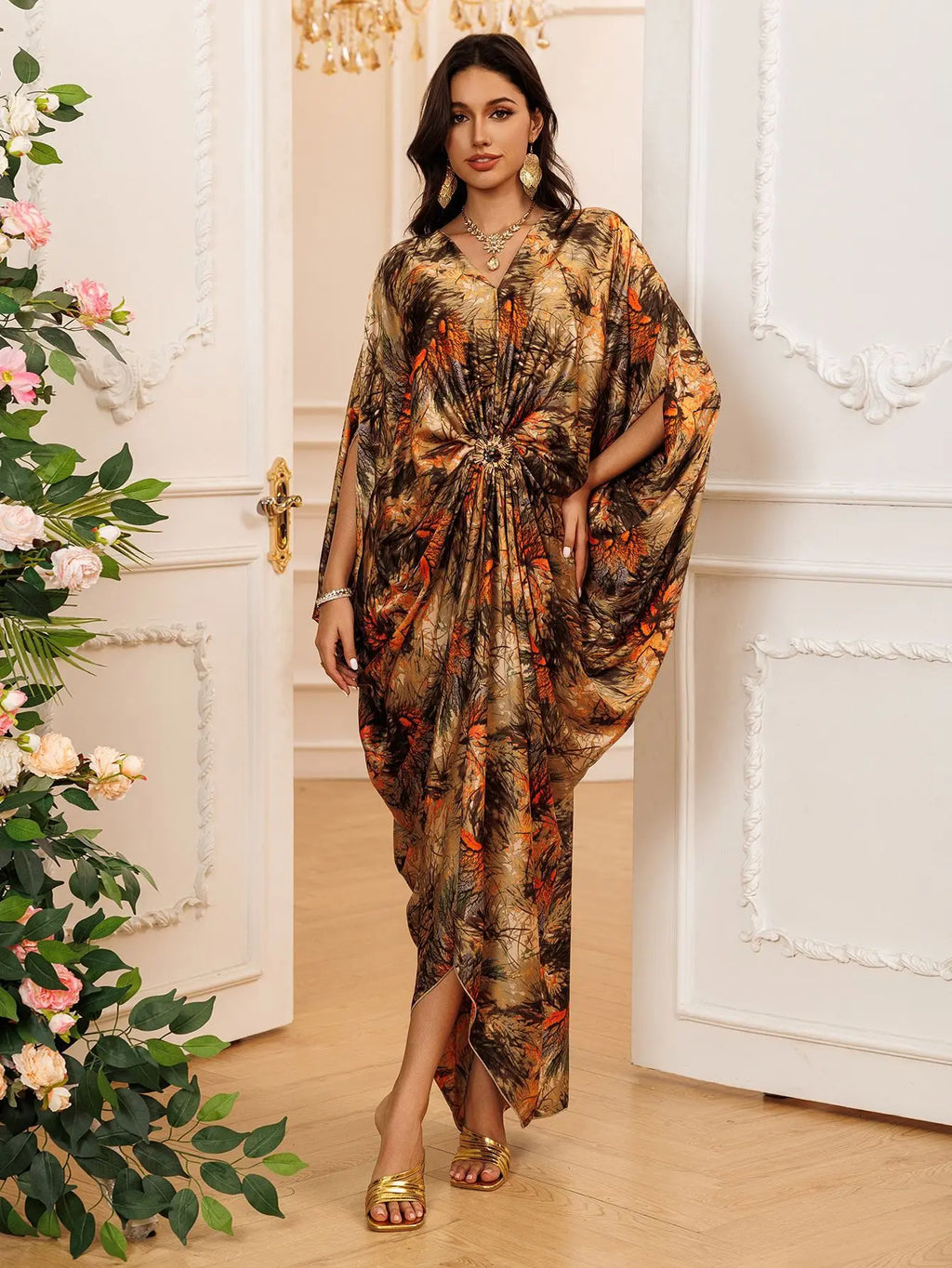 Eid Women Dress Muslim Abaya Print V Neck Party Jalabiya Ramadan Long Dresses Abayas Vestidos Largos Kaftan Arab Long Robe 2025