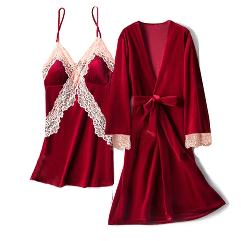 Pajama Set Woman Thick Flannel Velvet Female Fall Sexy Lace Long-sleeved Suit With Corset Pads Sling Nightgown Robe Homewear