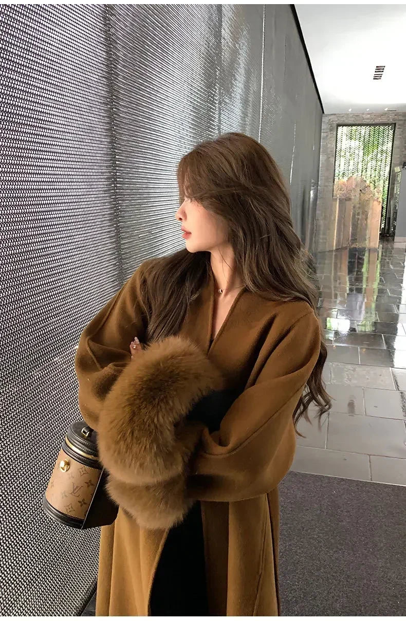 Elegant Warm Woolen Coats Real Fur Jacket with Belt Loose Fashion Outerwears 2024 Women Big Fur Collar Overcoats Female