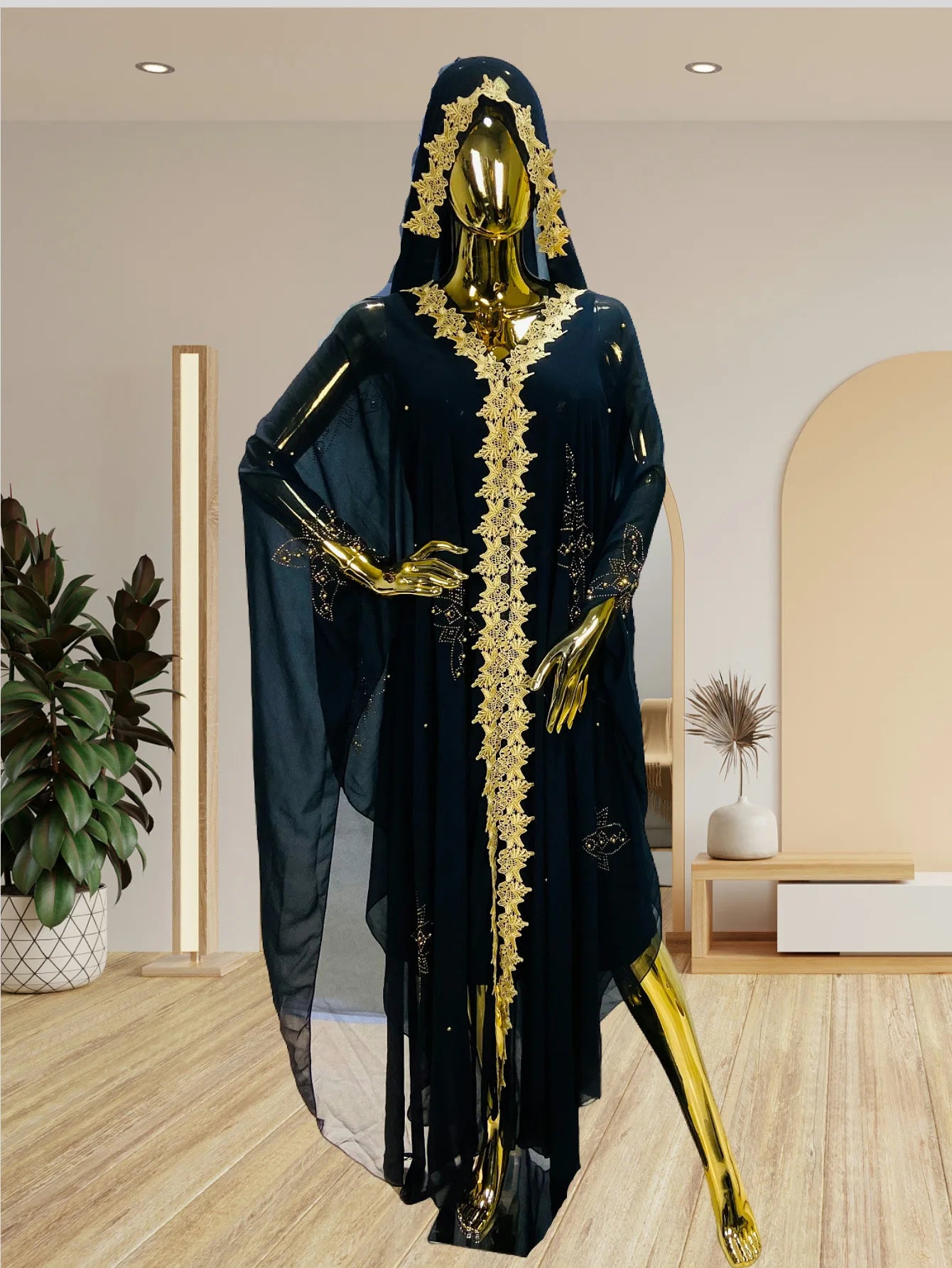 Abaya New Fashion American European Women's Black Blue Loose Hooded Long Sleeve Ankle Length Embroideried Diamond Studded Dress