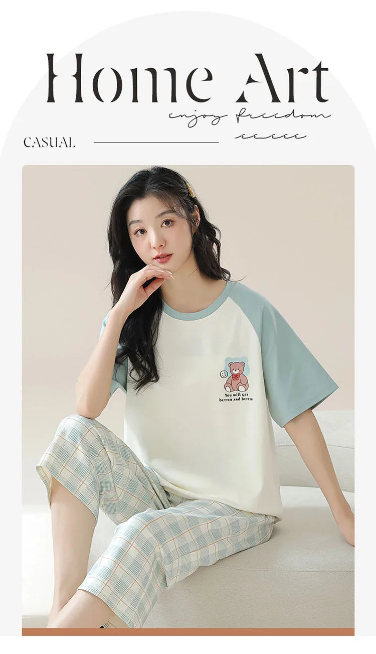 New Summer Pajamas Homewear Suit Women's Short-Sleeved Long Pants Ladies Large Size Loose Leisure Homewear Two-Piece Set