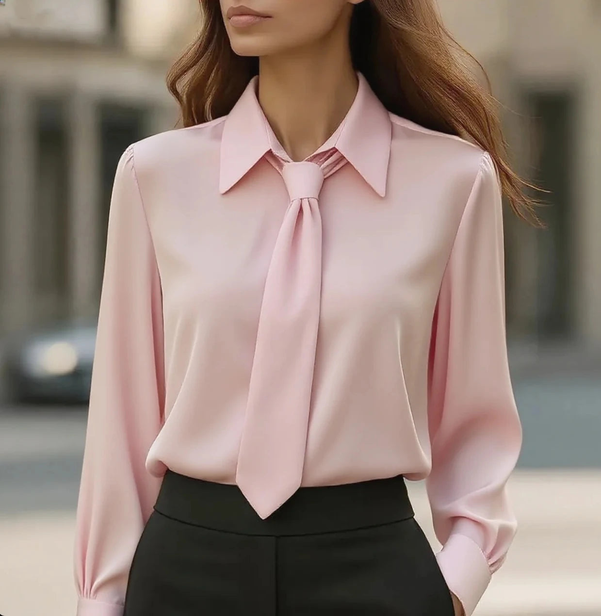 Women's Solid Color Satin Tie Long Sleeve Casual Shirt Work Shirt Blouse Plain Modern Casual Long Sleeve Shirt