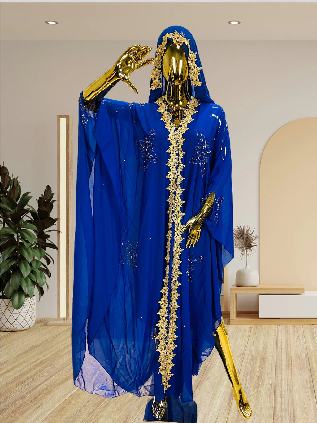 Abaya New Fashion American European Women's Black Blue Loose Hooded Long Sleeve Ankle Length Embroideried Diamond Studded Dress