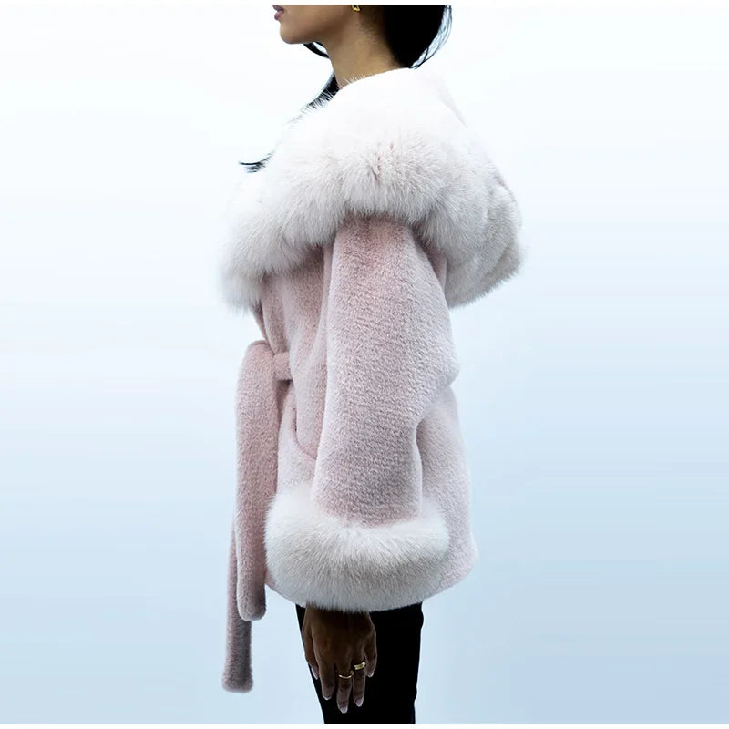 Elegant Hoody Faux Fur Women's Coat Loose Long Sleeve Pocket Warm Thicken Lady Coats 2025 Autumn Winter Chic Lady Streetwear