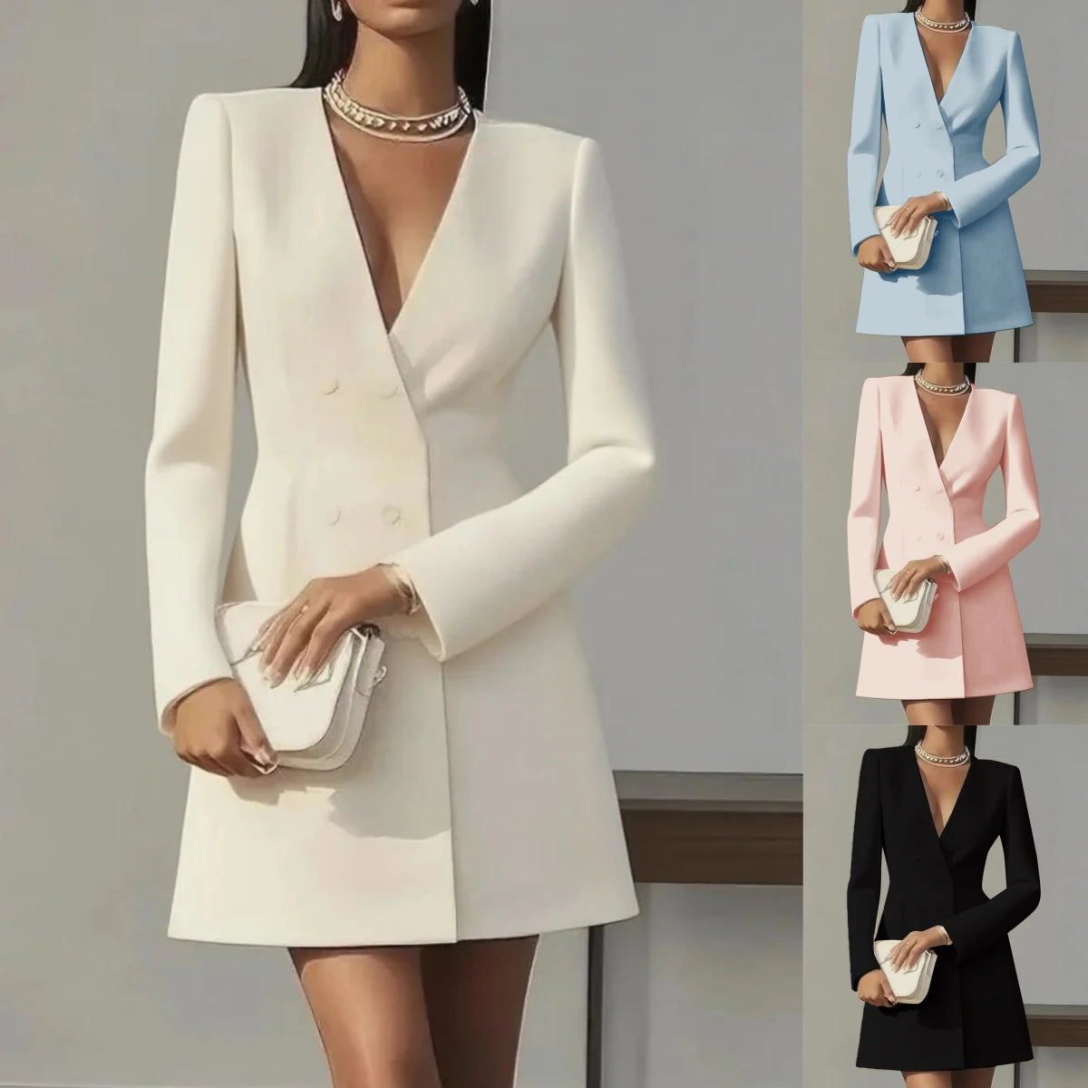 Fashionable V-neck Long-sleeved Double-breasted Waist Mini Dress