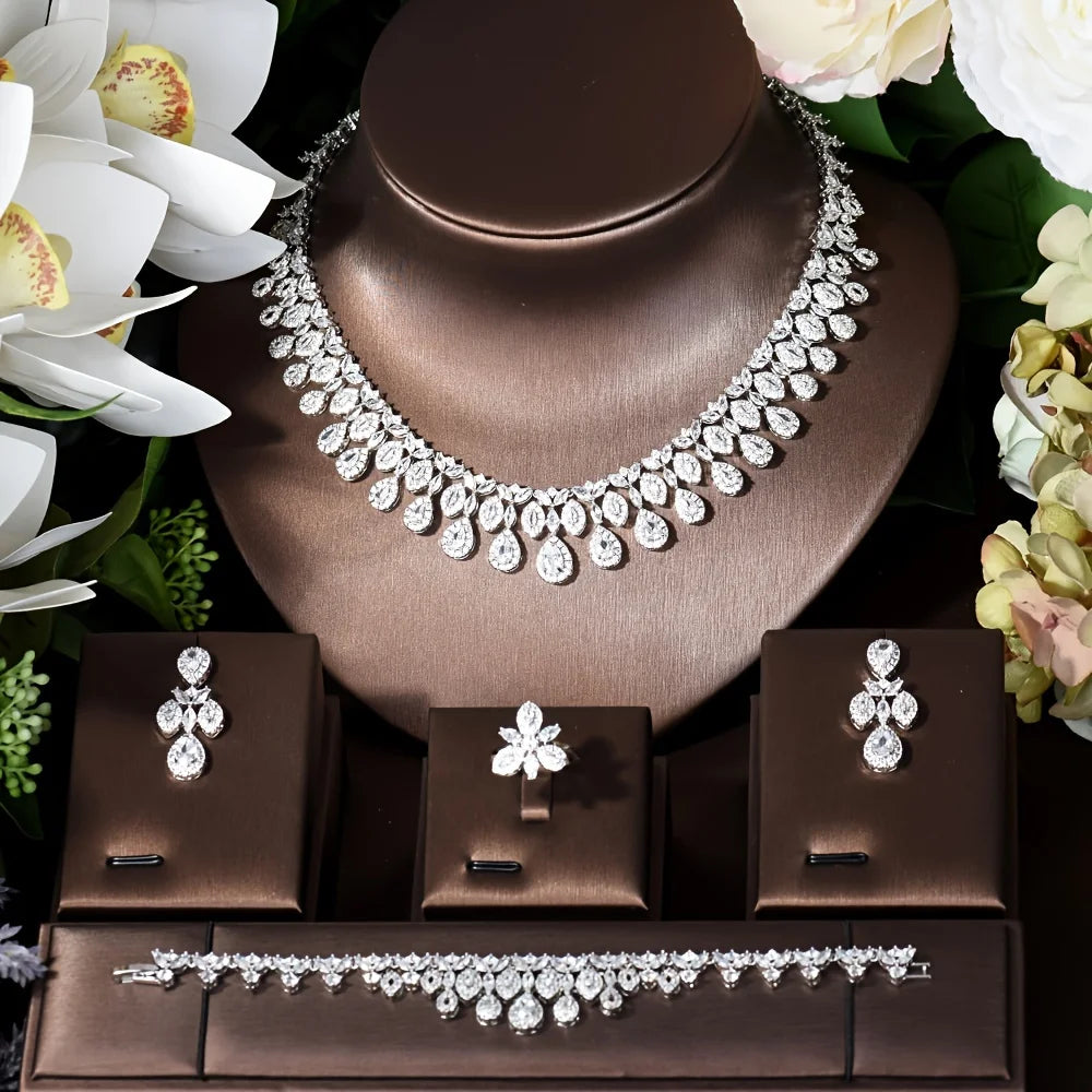 Nigeria White Gold Color Cubic Zirconia Bridal Wedding Jewelry Set Water Drop Shape 4PCS Necklace Earring Set Bijoux S-348