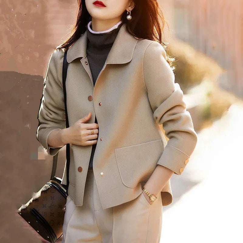 Double-Sided Woolen Short Coat Women's Suiting Jacket Autumn Winter New Style Turn-down Collar New Top Polyester Fiber