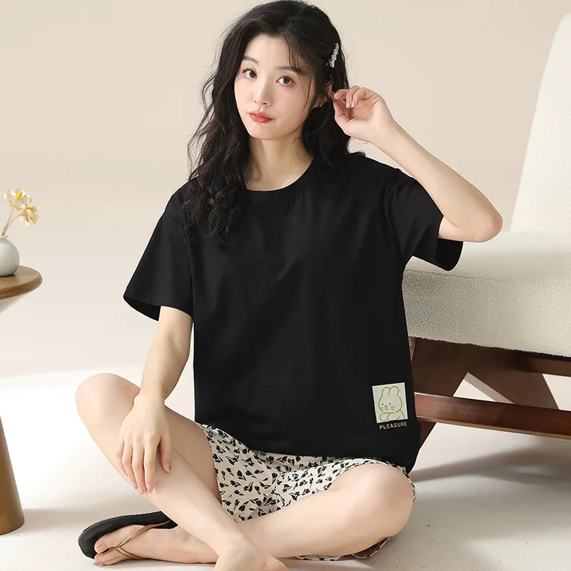 Female Summer Pijamas Short Women Cotton Pajamas Sleeve Shorts Nightwear Sweet Sleepwear Cartoon Pyjamas Woman Home Suit