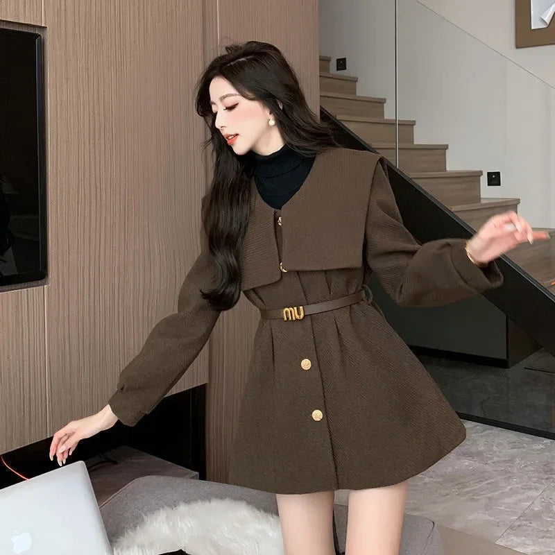 2024 Early Spring New Slimming Fashion Women's Petite Medium-Length Jacket Elegant Navy Neck Slim Fit Wool Blend Coat